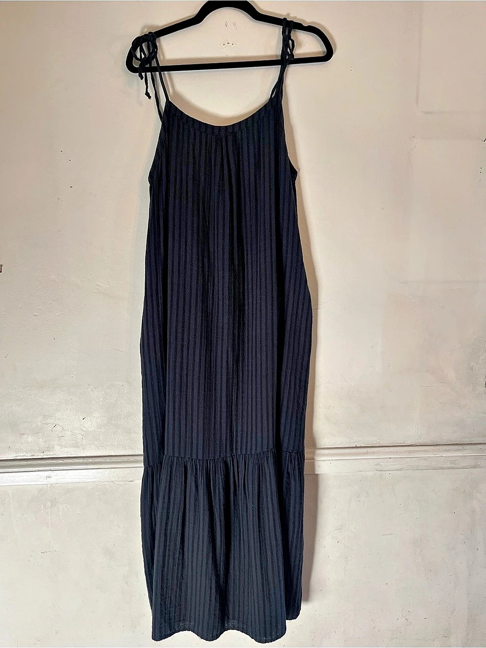 CURATOR Pleated Maxi Dress in Navy with grey black stripe